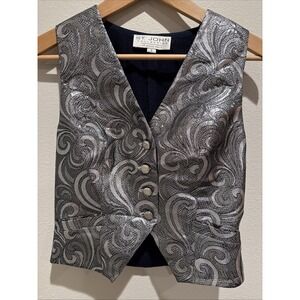 St John Collection Marie Gray Vest‎ Navy Silver Paisley Bling Small Silk Wool Bl